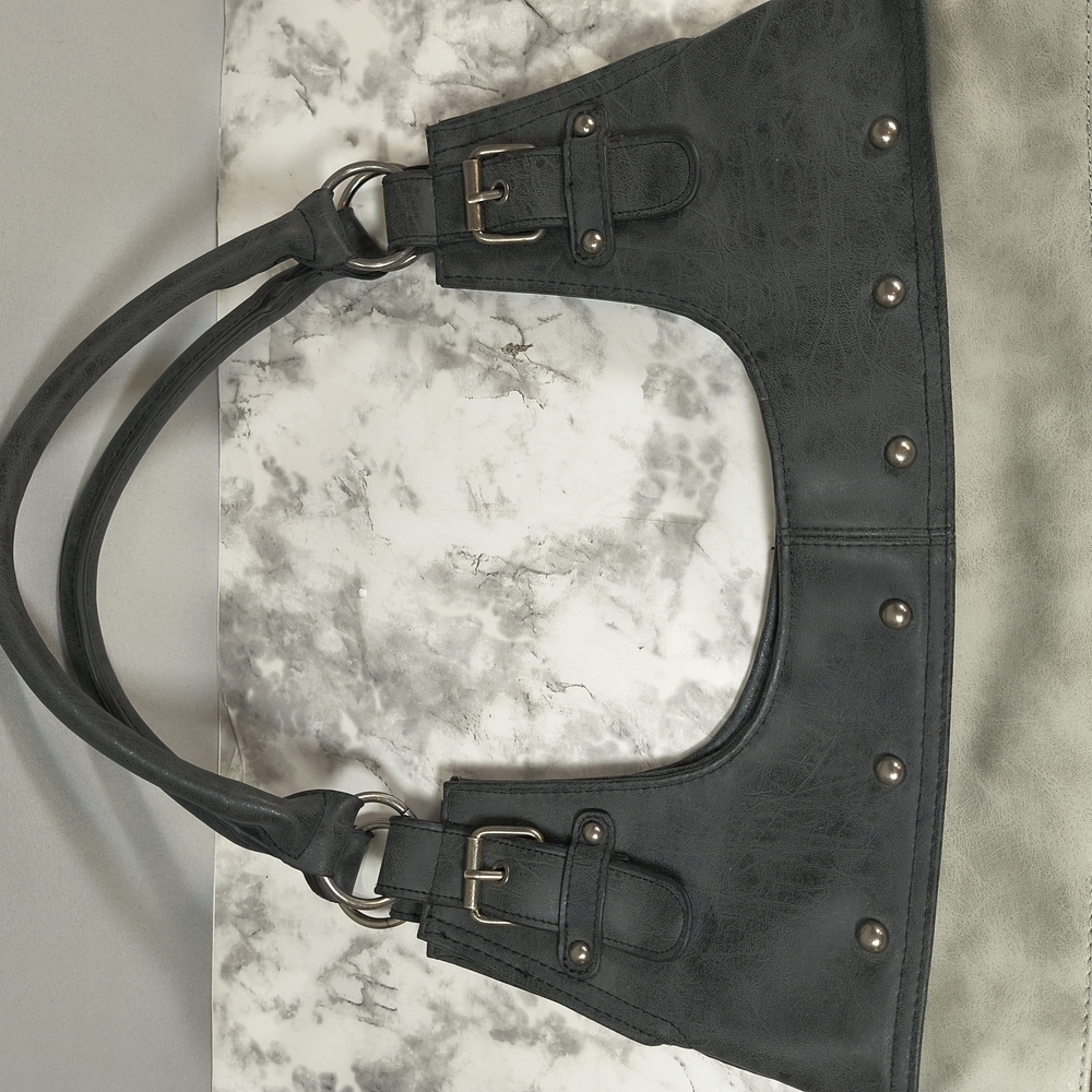 Striped Gray Vinyl Silver Stud Accents Shoulder Bag - Picture 3 of 11